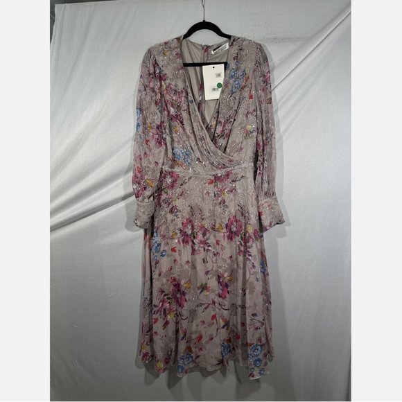 NWT $498 Mac Duggal [ 18 ] Floral Embellished Long Sleeve Midi Dress Mauve‎ - Picture 3 of 16